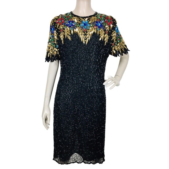 Vintage 80s 100% Silk Beaded Sequined Bright Colored Cocktail Party Dress Carina - Picture 3 of 10